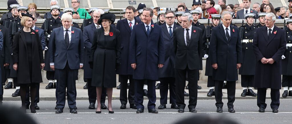 Former British prime ministers Liz Truss, Boris Johnson, Theresa May, David Cameron, Gordon Brown, Tony Blair and John Major attending  a  Remembrance Sunday ceremony at the Cenotaph on Whitehall, London,  on November 13th, 2022. Photograph: Jenny Goodall-WPA Pool/Getty Images