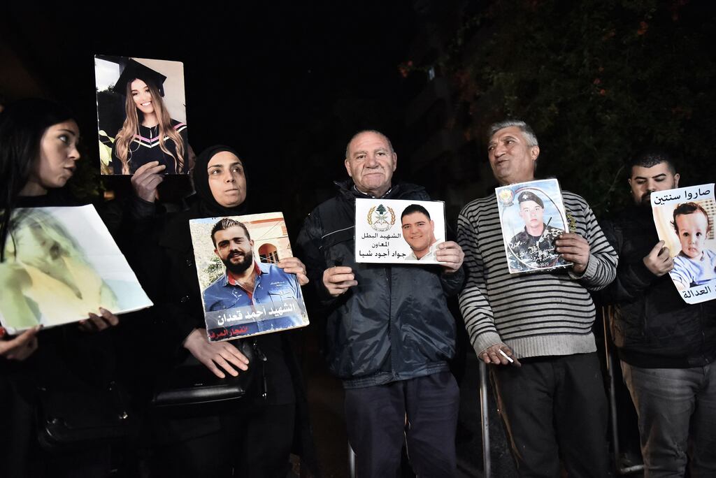 Relatives of victims of the 2020 Beirut port explosion protest in front of the residence of prosecutor general Ghassan Oueidat in Baabda, east of the capital. Photograph: Getty Images