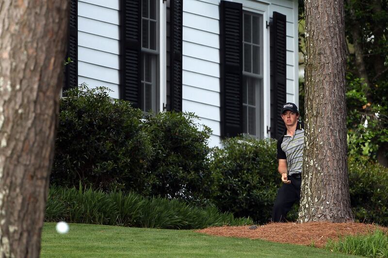Rory McIlroy playing back to the fairway on the 10th hole during his final round of the 2011 Masters. Photograph: Andrew Redington/Getty Images
