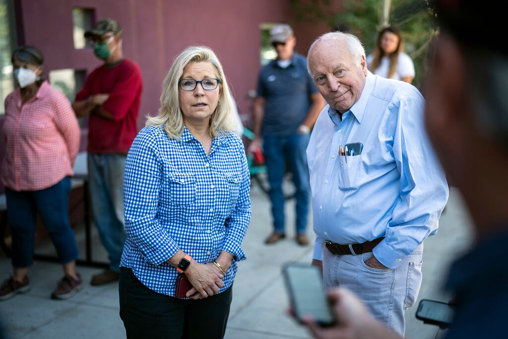 Liz Cheney arrives to vote in Wyoming's Republican primary on Tuesday with her father, former vice-president Dick Cheney. Photograph: Jabin Botsford/Washington Post/AP