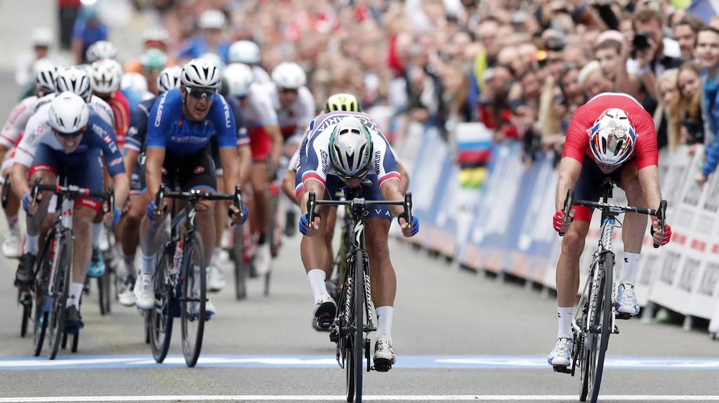 Peter Sagan (centre) of Slovakia breaks ahead of Norway’s Alexander Kristoff (right) in the road race world championship in Bergen, Norway. Photograph: Cornelius Poppe/EPA