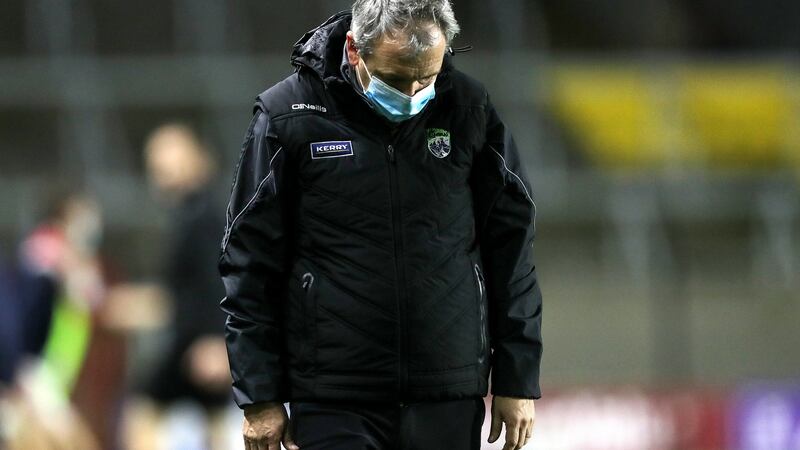 Kerry manager Peter Keane is dejected at the final whistle after his team’s match against Cork on Sunday. Photograph: Laszlo Geczo/Inpho