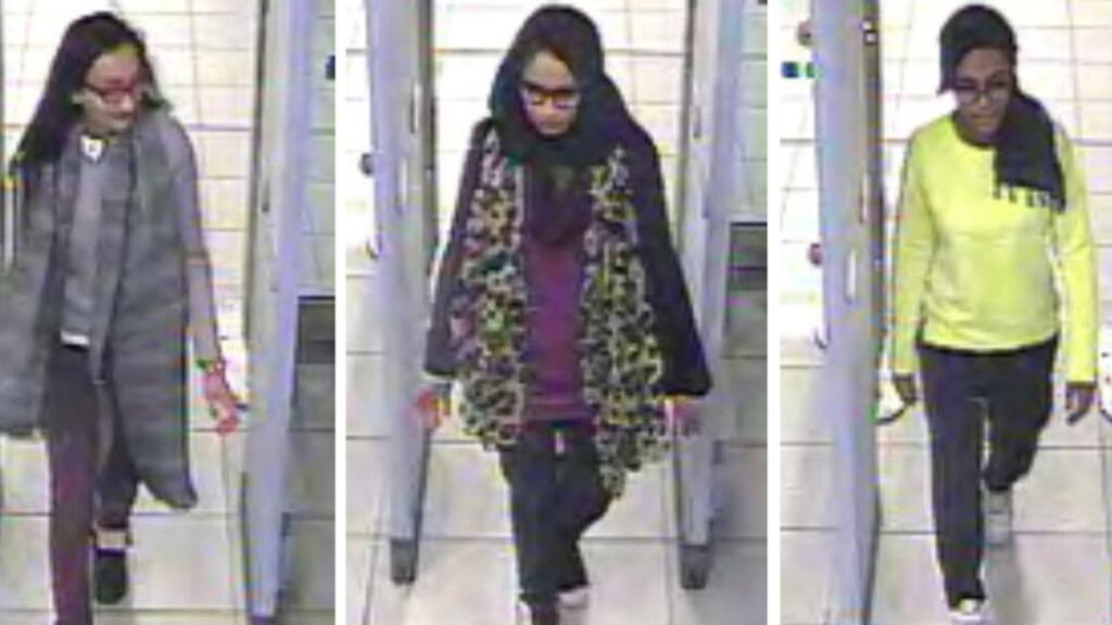 Stills taken from CCTV show Kadiza Sultana (16), Shamima Begum (15) and Amira Abase (15) going through security at Gatwick airport. Photograph: Metropolitan Police/PA Wire.