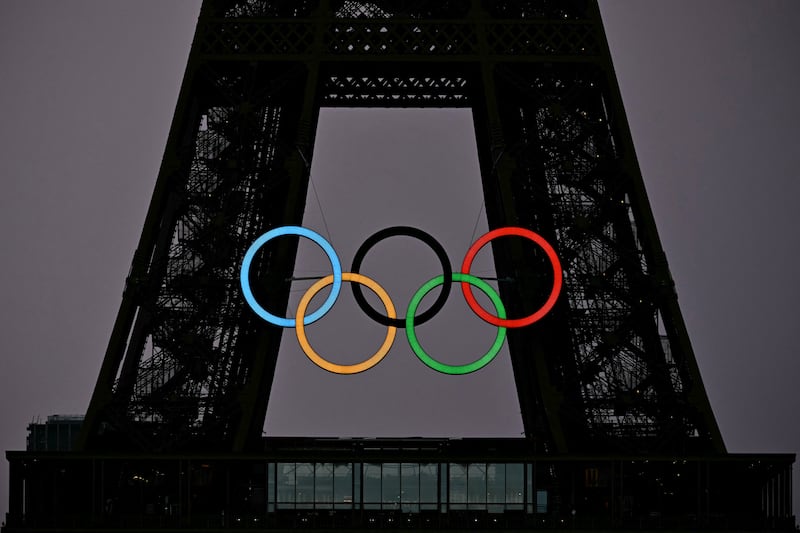 Olympic Rings on the Eiffel Tower. Some roads around the capital are designated for the use of Olympic traffic only. Photograph: Lionel Bonaventure/AFP via Getty Images