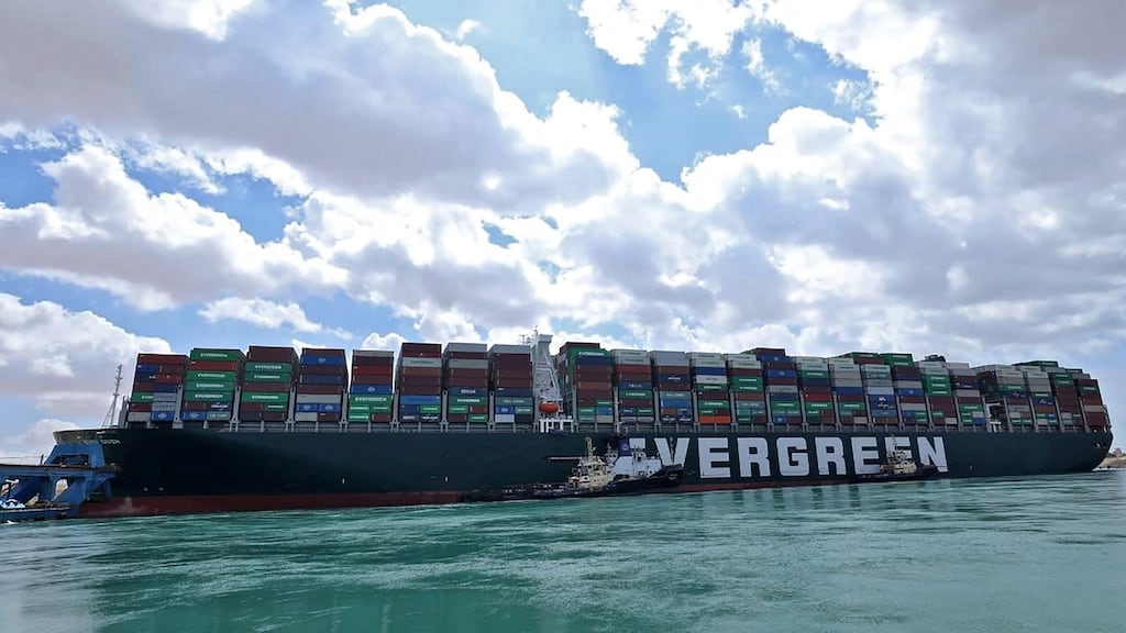 MV Ever Given lodged sideways in the Suez Canal in March. Handout photograph: Suez Canal Authority/AFP via Getty Images