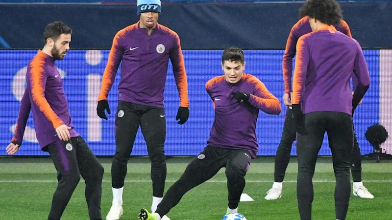 Manchester City’s players take part in a training session at the Metallist stadium in Kharkiv on eve of their Uefa Champions League match against Shakhtar Donetsk. Photograph: Genya Savilov/AFP/Getty Images