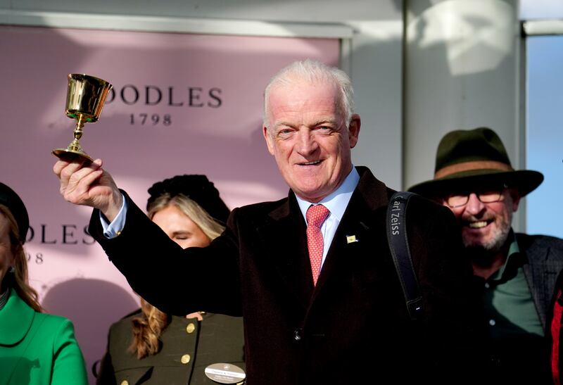 Trainer Willie Mullins after being presented with a trophy following Galopin Des Champs' victory in the Boodles Cheltenham Gold Cup. Photograph: David Davies/The Jockey Club/PA Wire