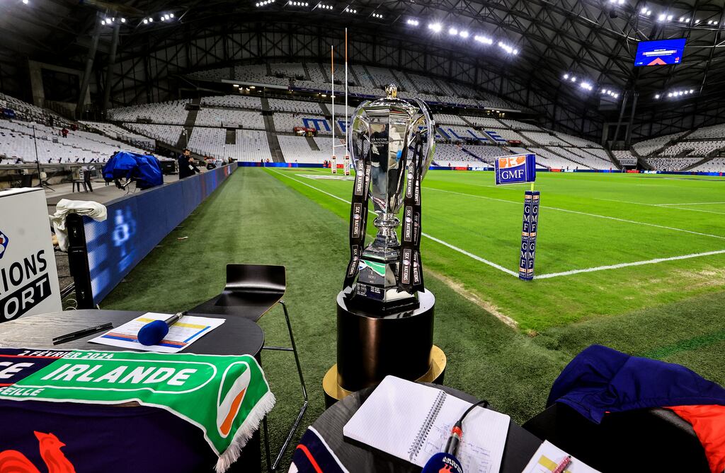 A view of the Guinness Six Nations trophy before the game. Photograph: Billy Stickland/Inpho