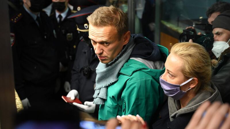 Alexei Navalny and his wife Yulia at passport control at Moscow airport on January 17th after they landed on a flight from Berlin. Photograph: Kirill Kudryavtsev/AFP via Getty