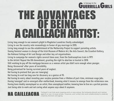 Na Cailleacha's version of the 1988 poster (The Advantages of Being a Woman Artist) by the Guerrilla Girls.