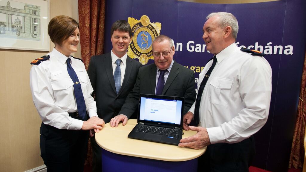 Garda Superintendent Sarah Meyler of the National Vetting Bureau, Kieran Downey of Garda IT,  GAA children’s officer Gearóid Ó Maoilmhichíl and Assistant Garda Commissioner Jack Nolan during the launch of the eVetting System at the DMR Regional Office, Garda Headquarters, Harcourt Square, Dublin. Photograph: Gareth Chaney/Collins