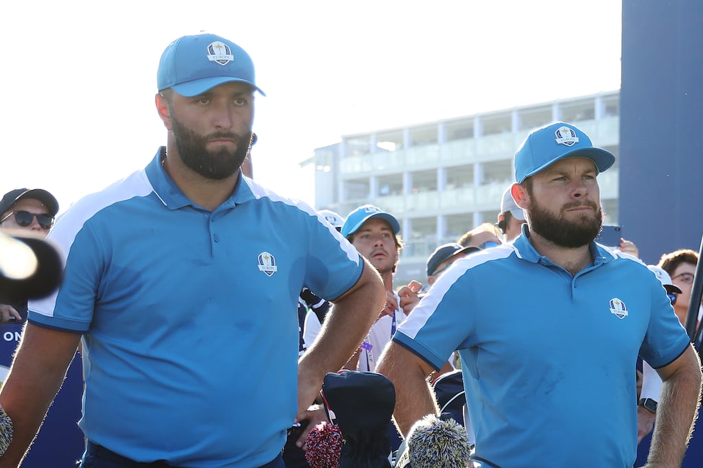Jon Rahm and Tyrrell Hatton of Team Europe during the 2023 Ryder Cup at Marco Simone Golf Club in Rome, Italy. Photograph: Jamie Squire/Getty