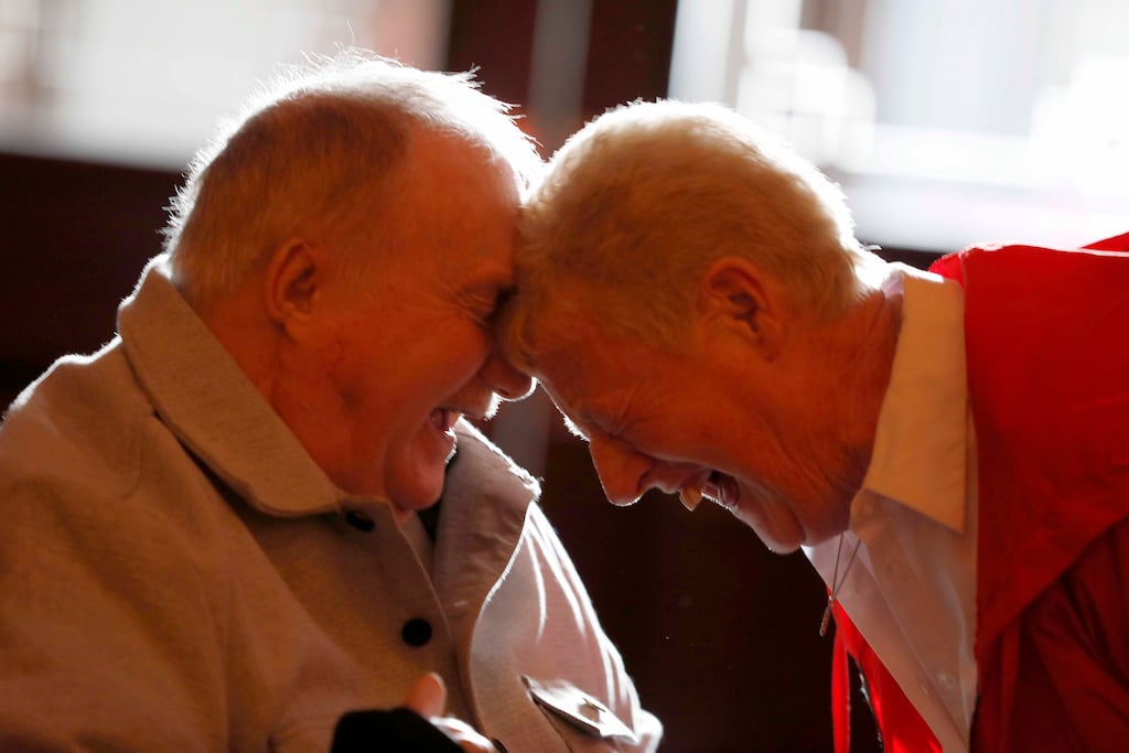 Breda Morrissey, from Ballyvolane, Cork, winner of the Netwatch Family Carer of the Year 2023, with her husband, Timmy, at the awards ceremony in Dublin. Photograph: Mark Stedman