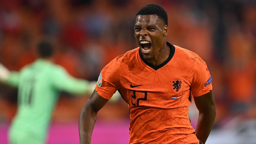 Netherlands’ Denzel Dumfries celebrates scoring his team’s second goal during the Euro 2020 Group C match against Austria at the Johan Cruyff Arena in Amsterdam. Photograph: John Thys/FP via Getty Images