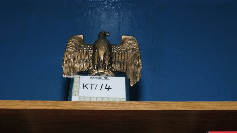 A photograph of a gold-coloured Nazi eagle in the home of Thomas Mair. Photograph: West Yorkshire Police/PA