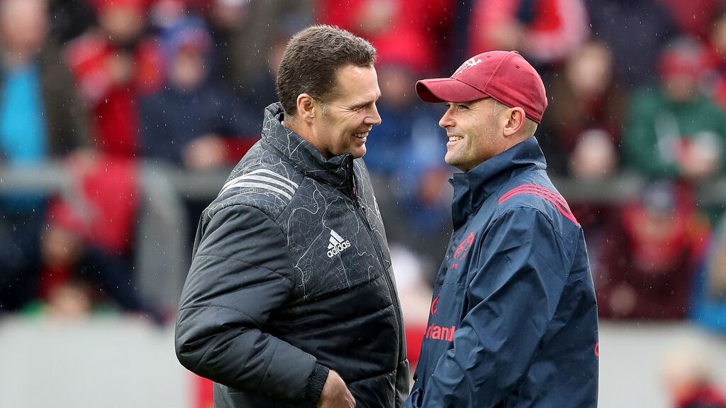 Munster director of rugby Rassie Erasmus and defence coach Jacques Nienaber at Thomond Park, Limerick in October 2017. Photograph: Billy Stickland/Inpho