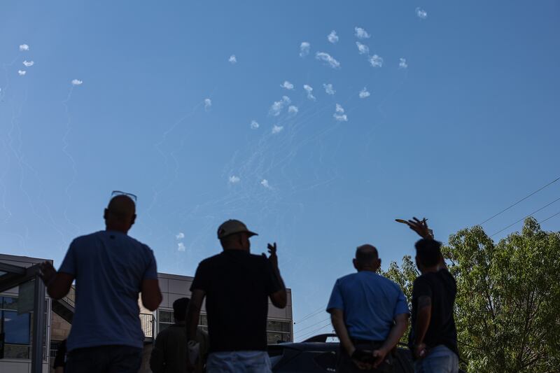 The Israeli Iron Dome air defense system intercepts missiles fired from south Lebanon over the the city of Safed in upper Galilee. Photograph: Atef Safadi/EPA