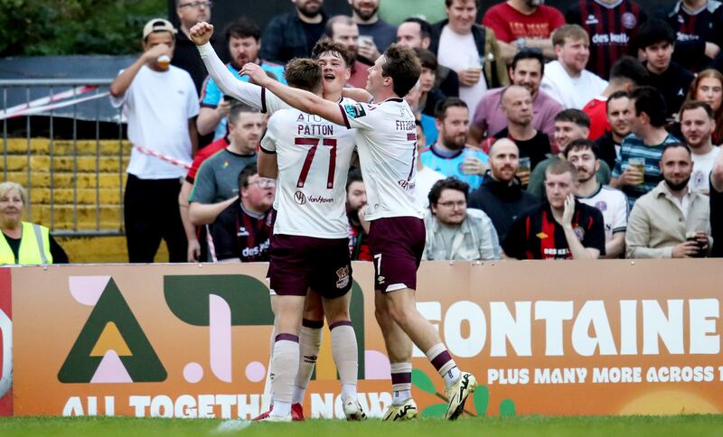 Sligo Rovers' Owen Elding celebrates a goal with Daire Patton and Will Fitzgerald. Photograph: Dan Clohessy/Inpho