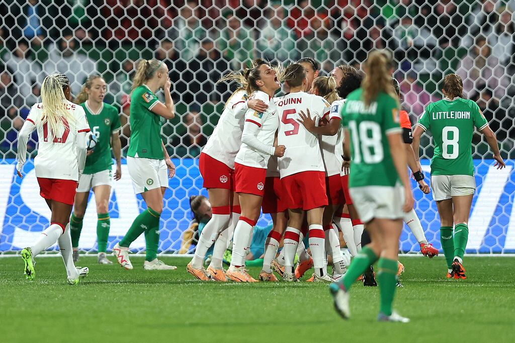 Adriana Leon celebrates scoring Canada's second goal during the Women's World Cup Group B against Republic of Ireland at Perth Rectangular Stadium. Photograph: Paul Kane/Getty Images
