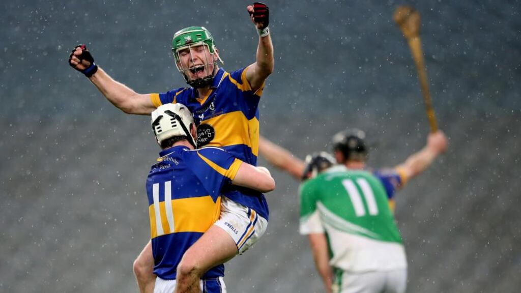 O’Donovan Rossa’s Christopher McGuinness and Deaglin Murphy celebrate victory over Kilburn Gaels in the All-Ireland Intermediate Club Hurling Final at Croke. Photo: James Crombie/Inpho