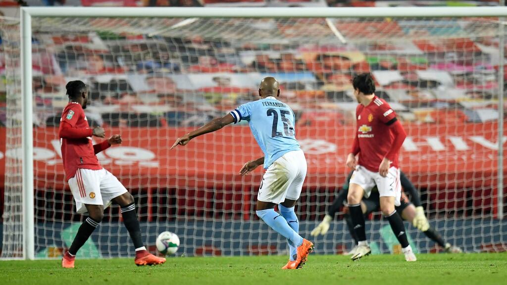 Fernandinho scores Manchester City’s second against United. Photograph: Peter Powell/PA