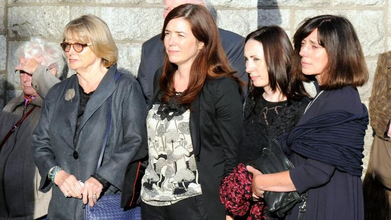 Marie Heaney (second from left), Catherine Ann Heaney (centre) and other members of Seamus Heaney’s family at the poet’s removal at the Church of the Sacred Heart, Donnybrook, Dublin, yesterday evening. Photograph: Dave Meehan