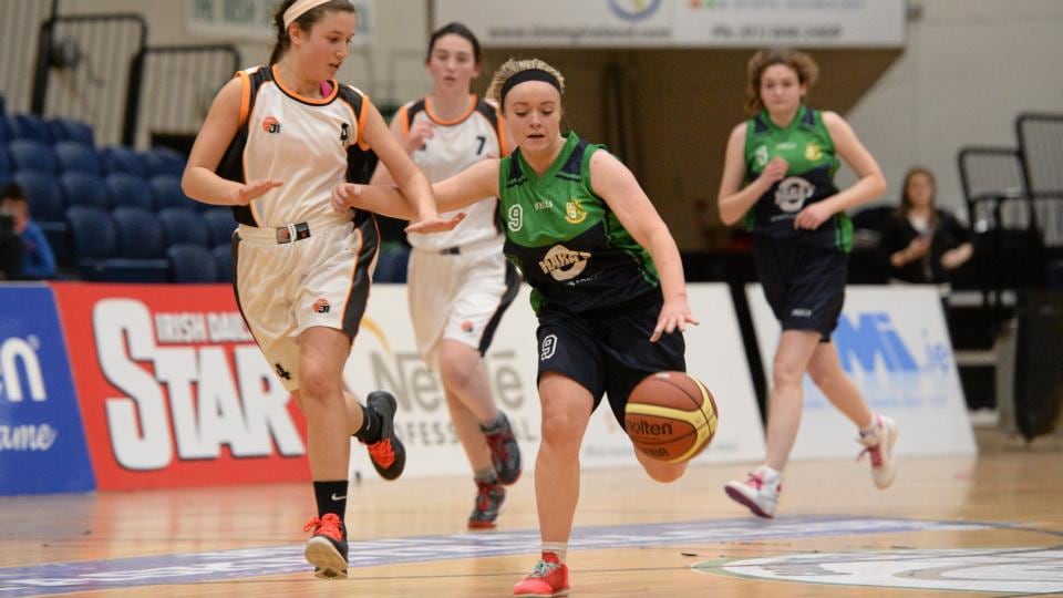 Megan McCormack, St Nathy’s College, in action against Lisa Della Chiesa, Gort Community School. All-Ireland Schools Cup U19C Girls Final, St Nathy’s College v Gort Community School. Photograph: Barry Cregg /Sportsfile