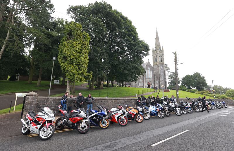 Motorcycle riders and local motorcycle club members outside the Sacred Heart Chapel in Clones, Co to pay their respects at the funeral of Kiea McCann. Photograph: Liam McBurney/PA Wire