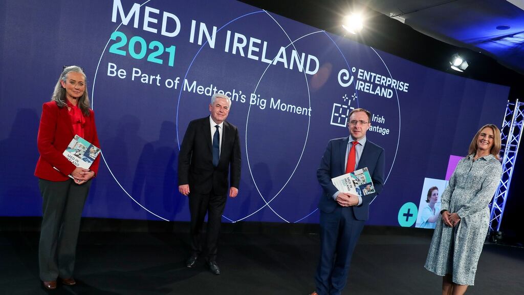 Lorna Ross, chief innovation officer at VHI Health & Wellbeing, Stephen Creaner, executive director at Enterprise Ireland, Robert Troy, Minister of State for Trade Promotion, and Deirdre Glenn, director of life sciences at Enterprise Ireland, at the Med in Ireland international conference. Photograph: Maxwells