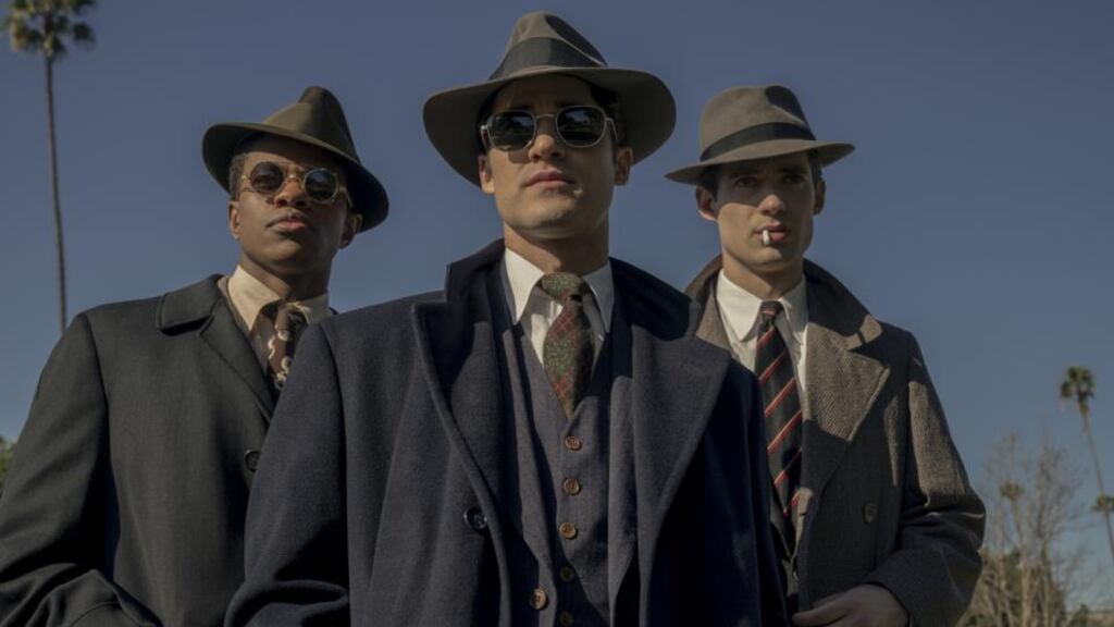 Some of the Hollywood cast, from left, Jeremy Pope as Archie Coleman, Darren Criss as Raymond Ainsley, and David Corenswet as Jack Castello.