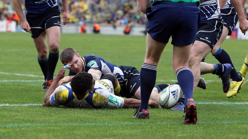 Gordon D’Arcy tackles Wesley Fofana of Clermont Auvergne to prevent him from touching down for a try during the 2012 Heineken Cup semi-final. Photo: Dan Sheridan/Inpho