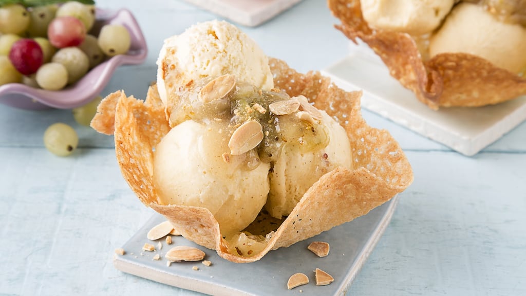 Tuiles with gooseberry ice cream. Photograph: Harry Weir
