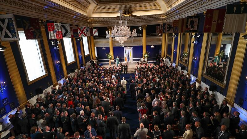 A wide view of the audience at St Patrick’s Hall in Dublin Castle as Pope Francis arrives. Photograph:  Maxwells