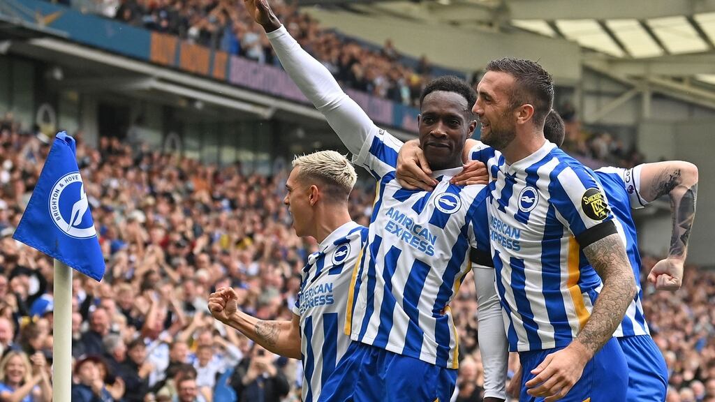 Brighton’s Danny Welbeck celebrates scoring his team’s second goal during the Premier League win over Leicester City. Photo: Glyn Kirk/AFP via Getty Images