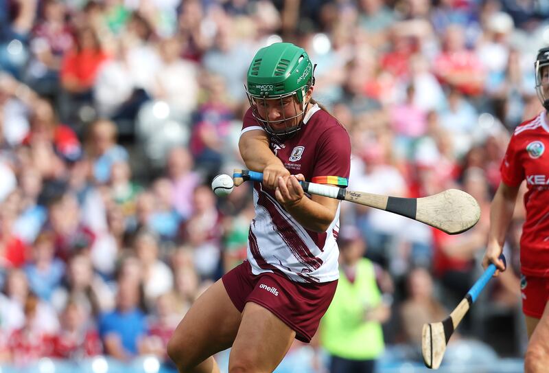 Mairead Dillion scores a goal for Galway. Photograph: Bryan Keane/Inpho