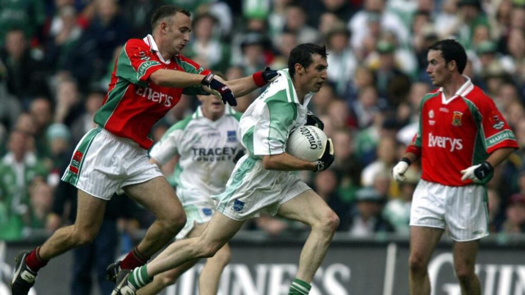 Raymie Johnston of Fermanagh in full flight against Mayo. Photograph: Andrew Paton/INPHO