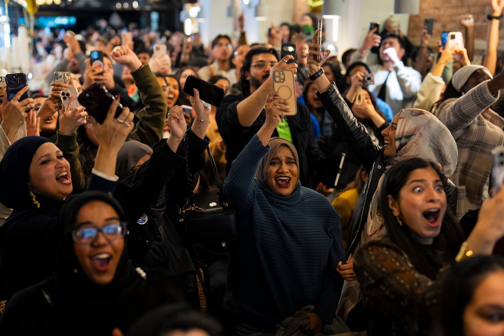 Supporters of Zohran Mamdani, the Democratic candidate for mayor of New York City, react after his victory was announced at a watch party in New York. Photograph: Vincent Alban/The New York Times