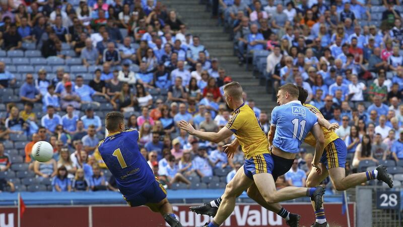Eoghan O’Gara scores a goal past Roscommon’s James Fetherston in 2018. File photograph: Inpho