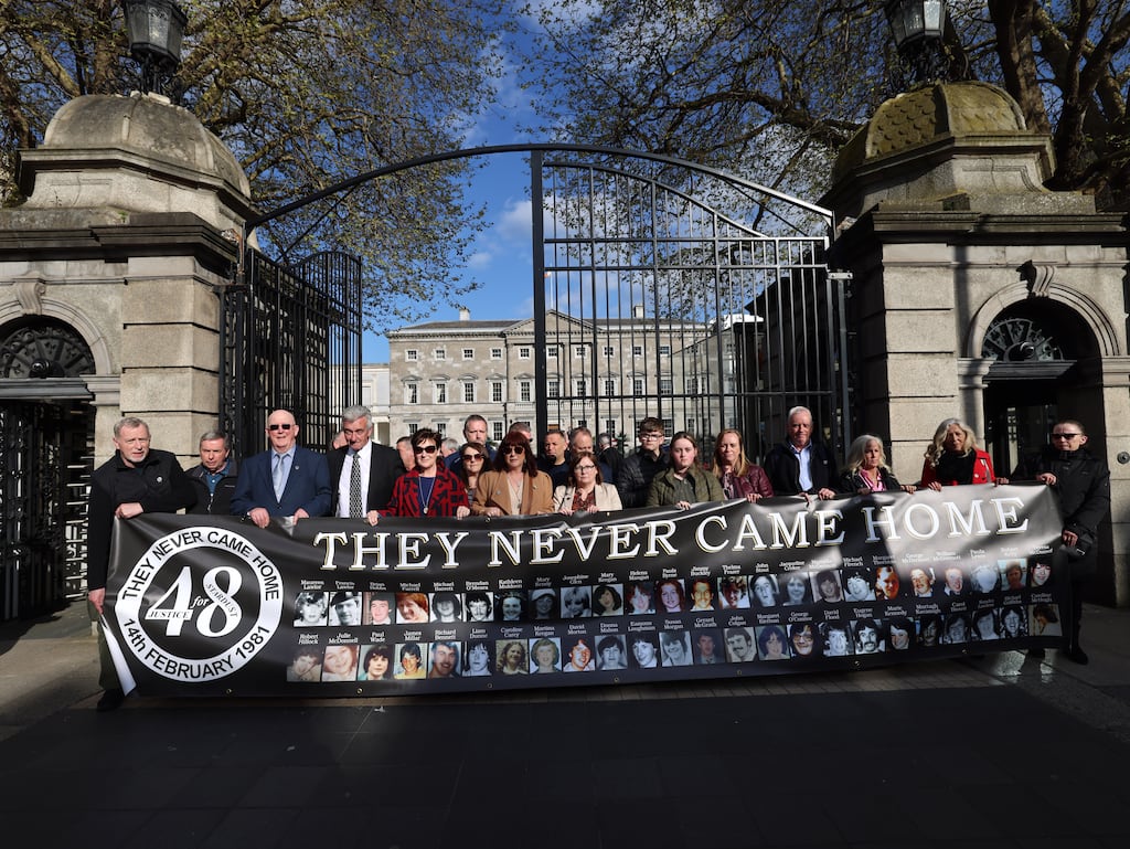 Stardust families and survivors leave the Dáil, following Taoiseach Simon Harris delivering a formal State apology to the families and victims of the tragedy. Photograph: Dara Mac Dónaill