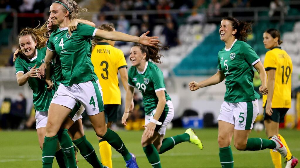 Louise Quinn celebrates scoring the Republic of Ireland’s winner against Australia at Tallaght Stadium. Photograph: James Crombie/Inpho
