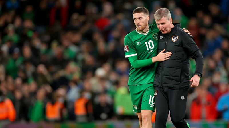 Ireland manager Stephen Kenny and Matt Doherty after the match. Photograph: James Crombie/Inpho