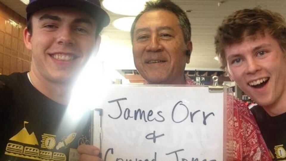 Jailbreak participants, James Orr and Conrad Jones, who came third in the contest, greet their taxi driver in Honolulu, Hawaii. Photograph: James Orr and Conrad Jones