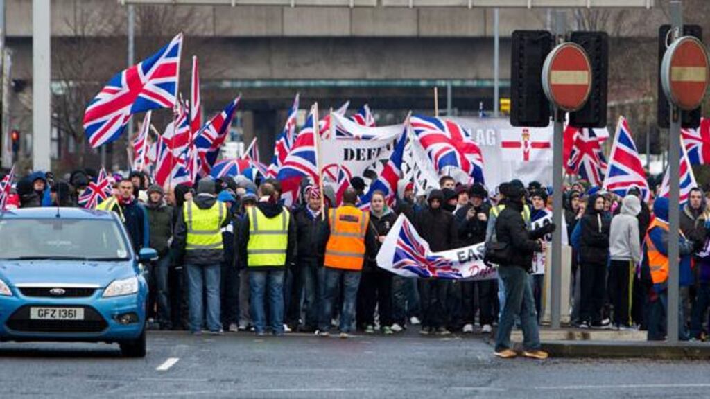Loyalist protesters in east Belfast after a flag protest in the city in January. Two men appeared in court today charged with offences linked to the loyalist protests. Photograph: Reuters