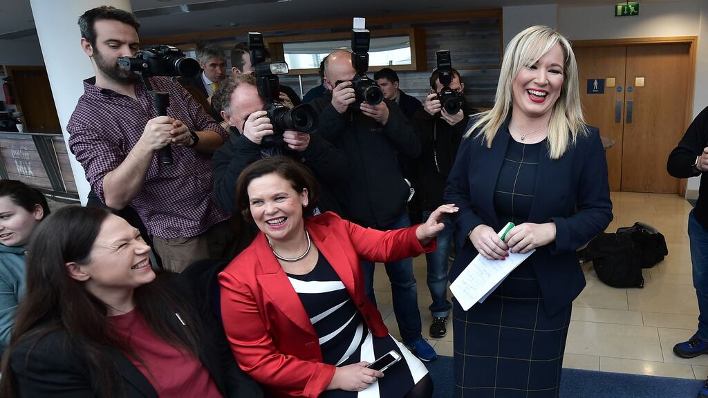 Sinn Féin’s northern leader Michelle O’Neill (right) launching her election campaign on February 6th. There were queues outside the Electoral Office for Northern Ireland in Belfast, as voters registered or checked that they were still on the register. Photograph: Charles McQuillan/Getty Images