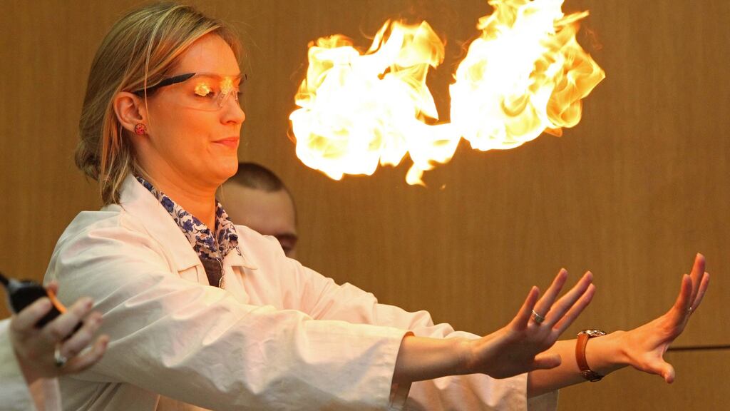 Dr Sarah Hayes of the SFI-funded SSPC Research Centre entertains an audience with chemical reactions during National Science Week