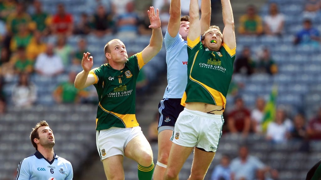 Joe Sheridan and Anthony Moyles of Meath contest a high ball with Dublin’s Niall Corkery during the Leinster SFC semi-final of 2010. It is the only loss Dublin have suffered in Leinster since 2004. Photograph: Donall Farmer/Inpho