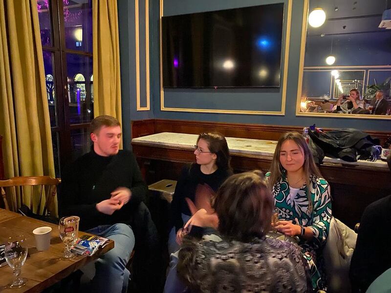 People enjoy the chat at a Conradh na Gaeilge social event in Brussels earlier this month. Photograph: Roisín de Bhaldraithe