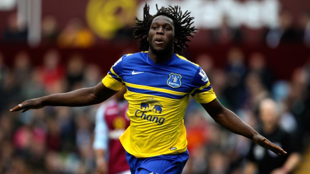 Romelu Lukaku of Everton celebrates after scoring the opening goal of the game against  Aston Villa  at Villa Park. Photograph: Ben Hoskins/Getty Images