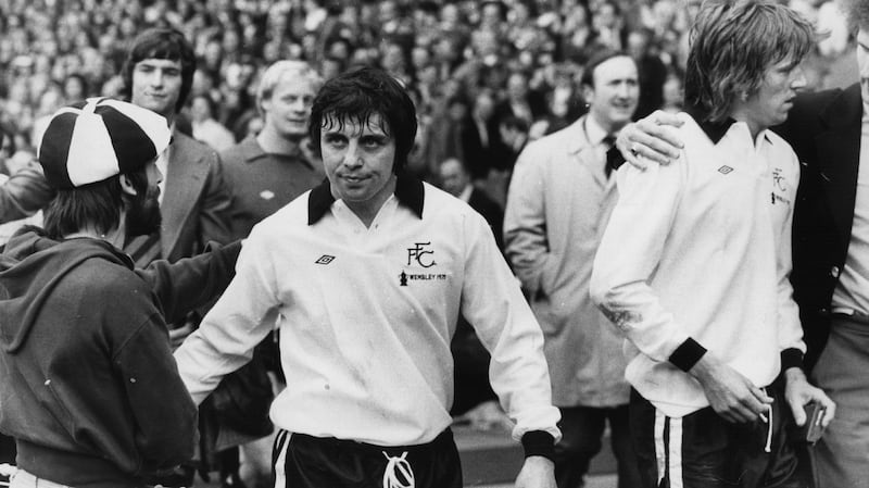 Jimmy Conway (left) and John Mitchell leave the pitch at Wembley after Fulham’s loss to West Ham in the 1975 FA Cup Final. Photograph:  Frank Tewkesbury/Evening Standard/Getty Images