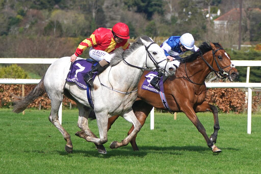 White Birch ridden by jockey Shane Foley (left) wins the P.W.Mcgrath Memorial Ballysax Stakes with Up and Under ridden by jockey Mikey Sheehy second during the Ballylinch Stud Classic Trials Day at Leopardstown in early April. Photograph: Niall Carson/PA